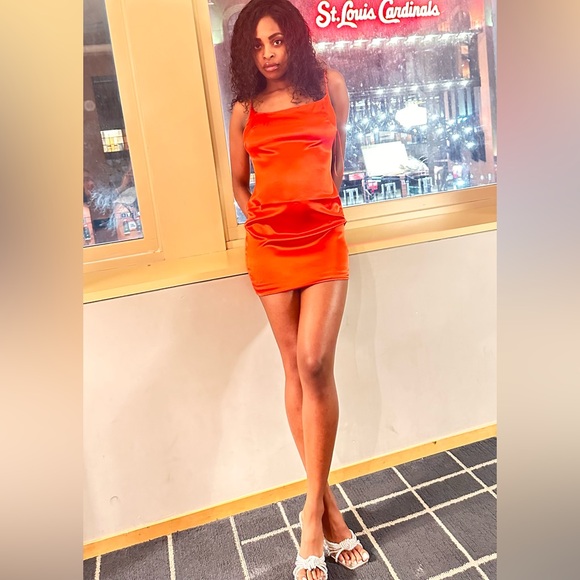 Sleek Orange Satin Mini Dress - Picture 1 of 3
